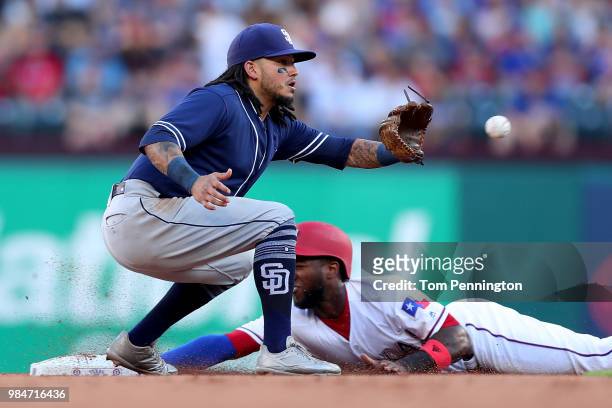 Jurickson Profar of the Texas Rangers beats the throw to steal second base against Freddy Galvis of the San Diego Padres in the bottom of the second...