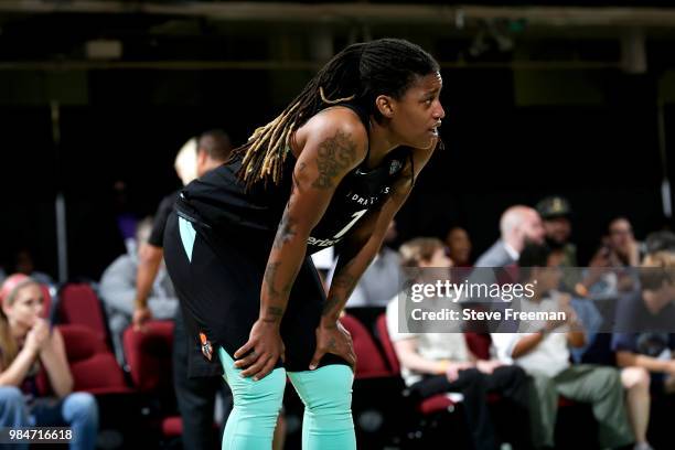 Shavonte Zellous of the New York Liberty looks on during the game against the Phoenix Mercury on June 26, 2018 at Westchester County Center in White...