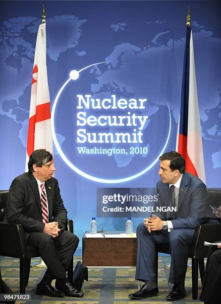 Georgian President Mikheil Saakashvili and Czech Republic Prime Minister Jan Fischer take part in a bilateral meeting on the sidelines of the Nuclear...