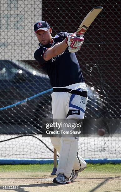 Andrew Flintoff of Lancashire has a net session during the lunch break during the LV County Championship match between Lancashire and Warwickshire at...