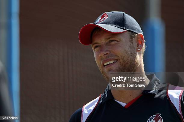 Andrew Flintoff of Lancashire has a net session during the lunch break during the LV County Championship match between Lancashire and Warwickshire at...