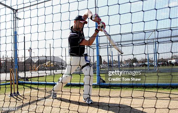 Andrew Flintoff of Lancashire has a net session during the lunch break during the LV County Championship match between Lancashire and Warwickshire at...