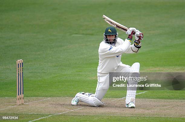 Hashim Amla of Nottinghamshire hits out to the boundary during the LV County Championship Match between Nottinghamshire and Kent at Trent Bridge on...