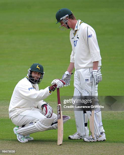 Hashim Amla and Neil Edwards of Nottinghamshire share a joke during the LV County Championship Match between Nottinghamshire and Kent at Trent Bridge...