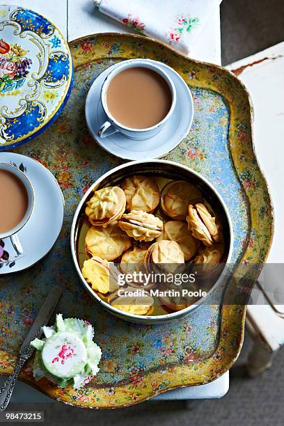 tea and home made biscuits on tray  - martin poole stock pictures, royalty-free photos & images