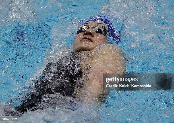 Aya Terakawa competes in the women's 100m Backstroke Final during the day three of the Japan Swim 2010 at Tokyo Tatsumi International Swimming Pool...