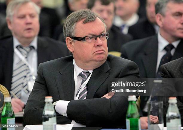 Andrei Kostin, chief executive officer of VTB Group, listens during the congress of Russian Union of Industrialists and Entrepreneurs in Moscow,...