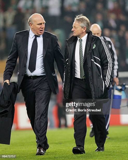 Dieter Hoeness , manager of Wolfsburg and Lorenz-Guenther Koestner , head coach of Wolfsburg attend the UEFA Europa League quarter final second leg...