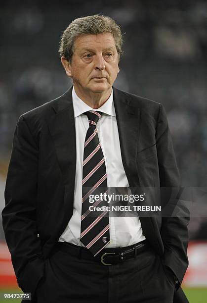 Fulham's coach Roy Hodgson looks on during the UEFA Europa League second leg quarter-final football match VFL Wolfsburg vs Fulham FC in the northern...