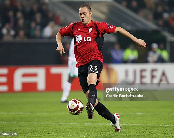 Robert Zamora of Fulham runs with the ball during the UEFA Europa League quarter final second leg match between VfL Wolfsburg and Fulham FC at...