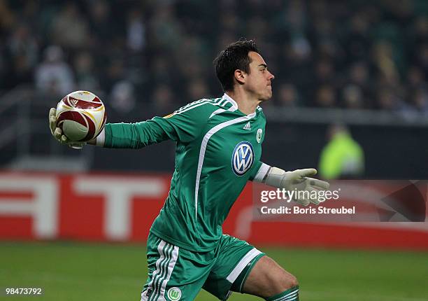 Diego Orlando Benaglio, goalkeeper of Wolfsburg does a throw-in during the UEFA Europa League quarter final second leg match between VfL Wolfsburg...