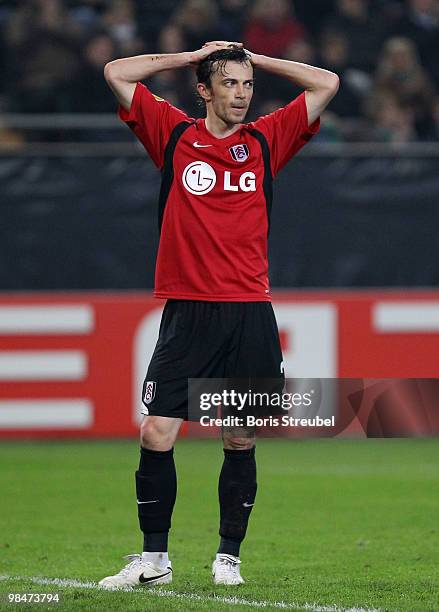 Simon Davies of Fulham shows his frustration during the UEFA Europa League quarter final second leg match between VfL Wolfsburg and Fulham FC at...
