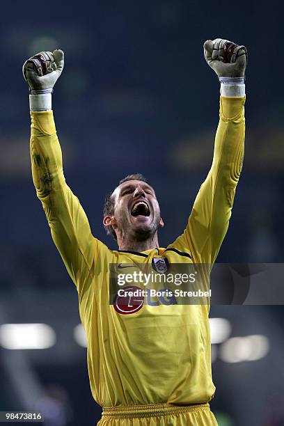 Mark Schwarzer, goalkeeper of Fulham celebrates after winning the UEFA Europa League quarter final second leg match between VfL Wolfsburg and Fulham...