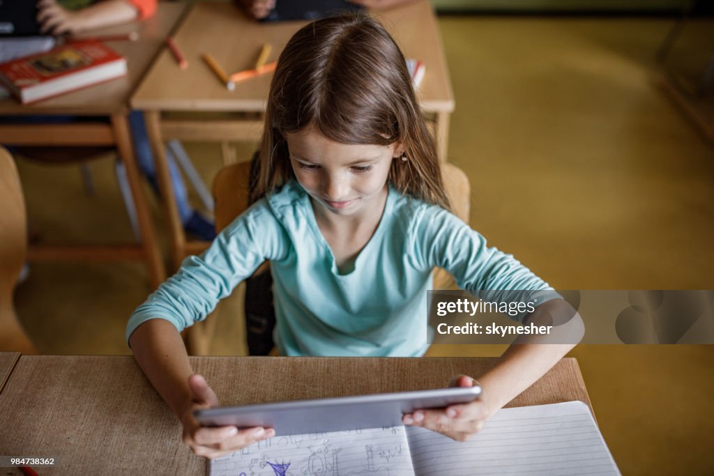 Student Using Touch Screen Above View Of Elementary Student Using Touchpad On A Class High-Res ...