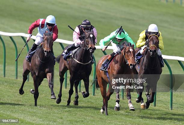 Penny's Pearl ridden by Richard Hughes goes on to win the European Breeders fund Maiden Fillies Stakes on April 15, 2010 in Newmarket, England.