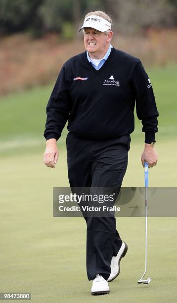 Colin Montgomerie of Scotland reacts on the 14th hole during the Round One of the Volvo China Open on April 15, 2010 in Suzhou, China.