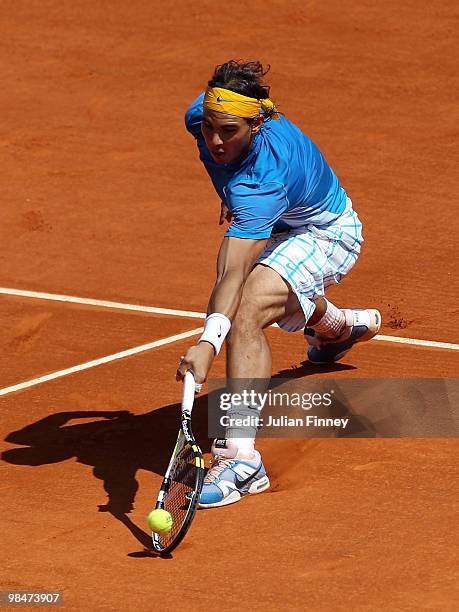 Rafael Nadal of Spain in action in his match against Michael Berrer of Germany during day four of the ATP Masters Series at the Monte Carlo Country...