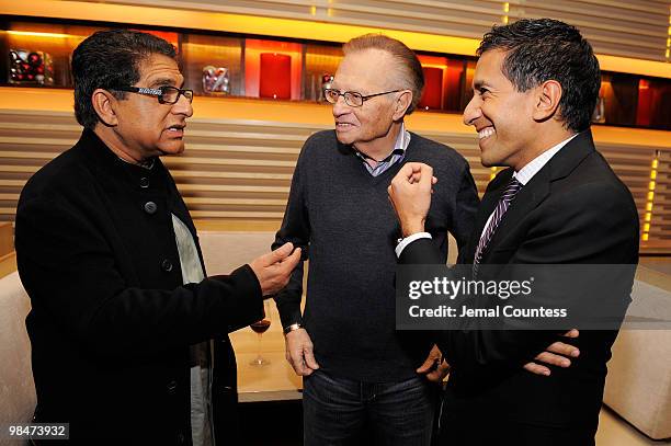 Deepak Chopra, Larry King and Dr. Sanjay Gupta attend CNN's Dr. Sanjay Gupta "Cheating Death" Book Party at Rogue Tomate on December 14, 2009 in New...