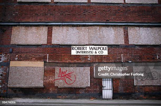 Boarded up and closed down factory sits in Hanley on April 14, 2010 in Stoke-on-Trent, Staffordshire. Labour Party activists and local supporters in...