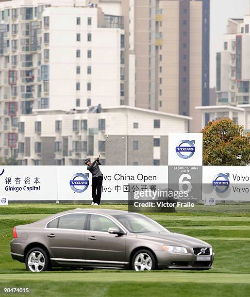 Thaworn Wiratchant of Thailand tee off on the 6th hole during the Round One of the Volvo China Open on April 15, 2010 in Suzhou, China.