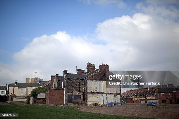 Derelict homes wait to be demolished or regenerated in Hanley on April 14, 2010 in Stoke-on-Trent, Staffordshire. Labour Party activists and local...