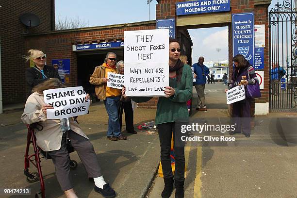 Animal rights activists make their point heard about the killing of a fox outside the ground during the LV County Championship Division Two match...