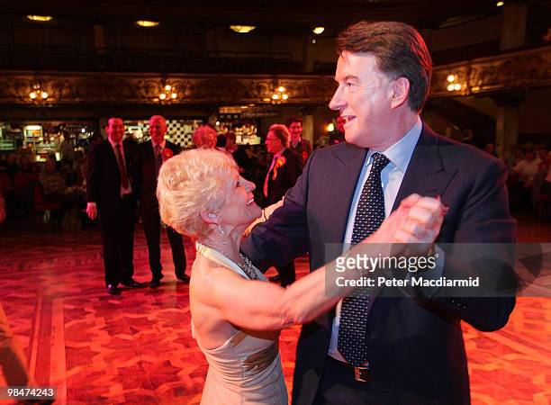 Business Secretary Lord Mandelson dances at The Tower Ballroom with 67 year old Hannah Mackenzie on April 15, 2010 in Blackpool, England. The General...