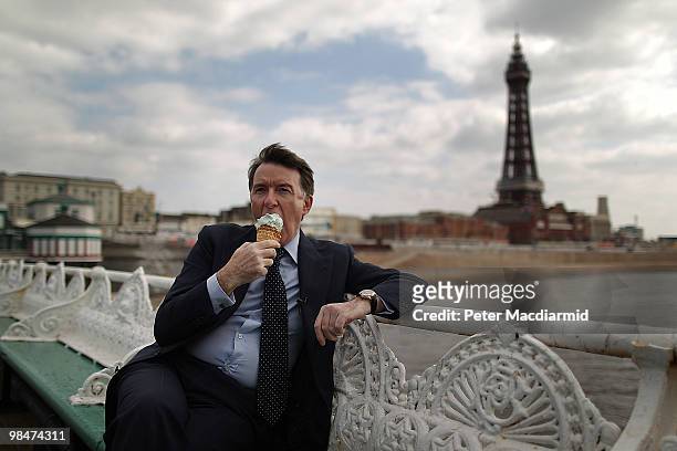 Business Secretary Lord Mandelson eats an ice cream on the pier on April 15, 2010 in Blackpool, England. The General Election, to be held on May 6,...