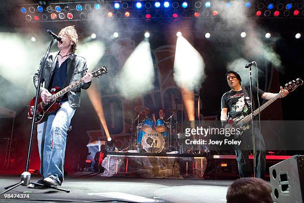 John Rzeznik, Mike Malinin and Robby Takac of the Goo Goo Dolls performs during day 3 of the free NCAA 2010 Big Dance Concert Series at White River...
