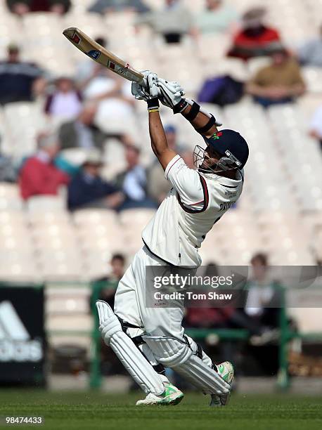 Ashwell Prince of Lancashire hits out during the LV County Championship match between Lancashire and Warwickshire at Old Trafford on April 15, 2010...