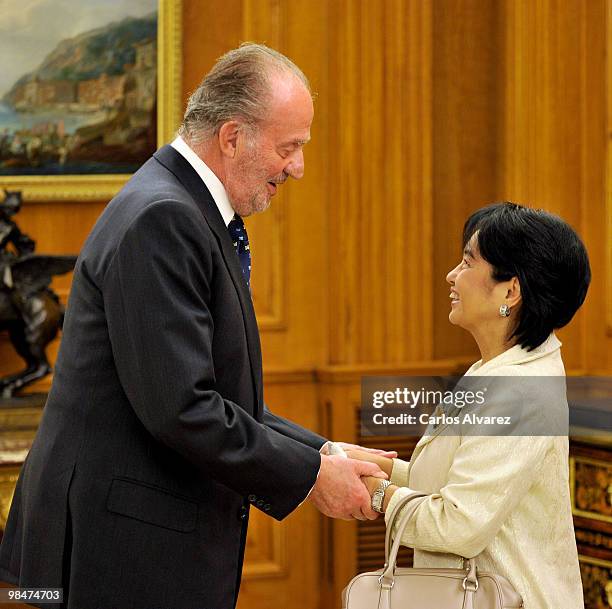 King Juan Carlos of Spain receives Philippines President Gloria Macapagal Arroyo at the Zarzuela Palace on April 15, 2010 in Madrid, Spain.