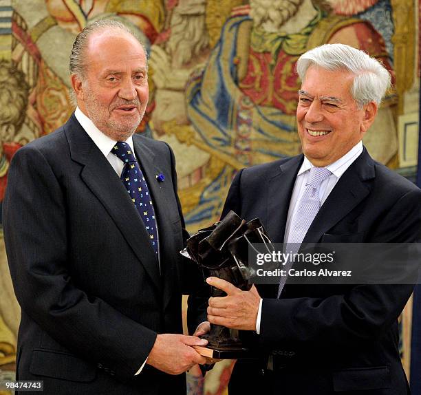 Peruvian writer Mario Vargas Llosa receives "Don Quijote de la Mancha" International award from King Juan Carlos of Spain at the Zarzuela Palace on...