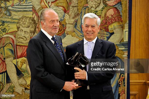 Peruvian writer Mario Vargas Llosa receives "Don Quijote de la Mancha" International award from King Juan Carlos of Spain at the Zarzuela Palace on...
