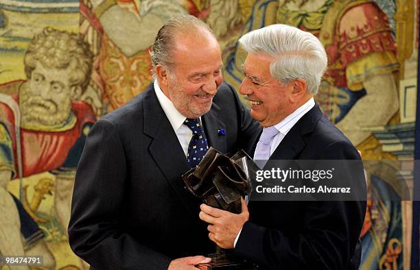 Peruvian writer Mario Vargas Llosa receives "Don Quijote de la Mancha" International award from King Juan Carlos of Spain at the Zarzuela Palace on...