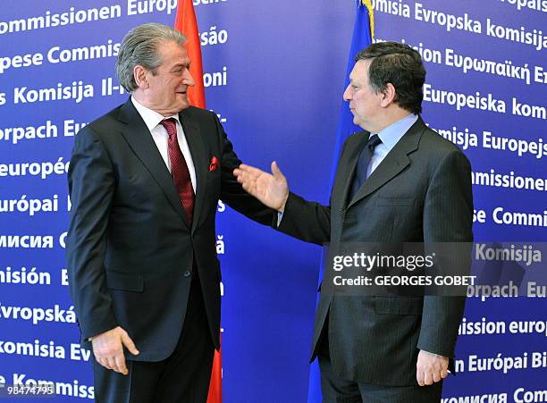 European Commission President Jose Manuel Barroso welcomes Prime Minister of Albania Sali Berisha before their working session on April 15, 2010 at...