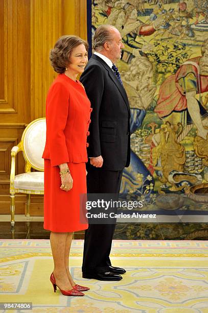 Queen Sofia of Spain and King Juan Carlos of Spain attend "Don Quijote de la Mancha" International award at the Zarzuela Palace on April 15, 2010 in...