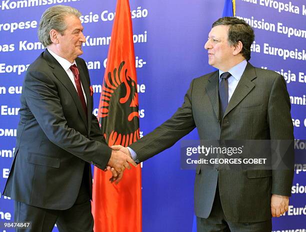 European Commission President Jose Manuel Barroso welcomes Prime Minister of Albania Sali Berisha before their working session on April 15, 2010 at...