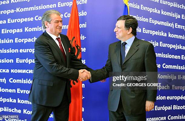 European Commission President Jose Manuel Barroso welcomes Prime Minister of Albania Sali Berisha before their working session on April 15, 2010 at...