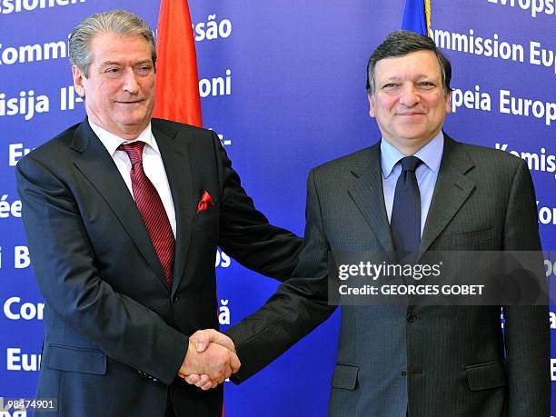 European Commission President Jose Manuel Barroso welcomes Prime Minister of Albania Sali Berisha before their working session on April 15, 2010 at...