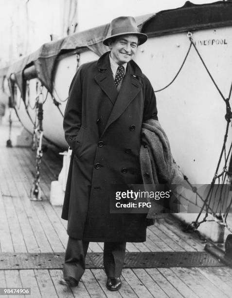 English actor Claude Rains arrives at Southampton on the 'RMS Majestic', 1933. Having just starred in 'The Invisible Man', he is in the UK to start...