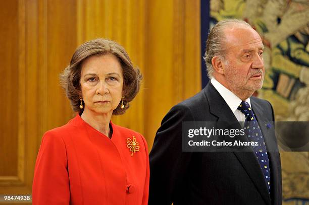 Queen Sofia of Spain and King Juan Carlos of Spain attend "Don Quijote de la Mancha" International award at the Zarzuela Palace on April 15, 2010 in...