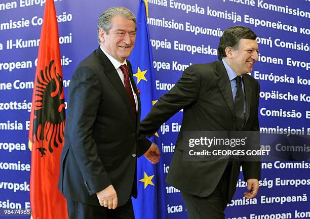 European Commission President Jose Manuel Barroso welcomes Prime Minister of Albania Sali Berisha before their working session on April 15, 2010 at...