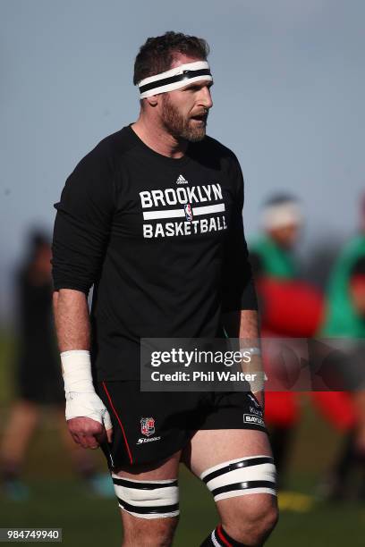 Kieran Read of Counties warms up during the Mitre 10 Cup trial match between Counties Manukau and Tasman at Mountford Park on June 27, 2018 in...
