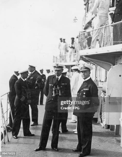 German naval officers Erich Raeder and Rolf Carls on manoeuvres aboard the Kriegsmarine's Z7 destroyer 'Hermann Schoemann' off Sassnitz, in northern...