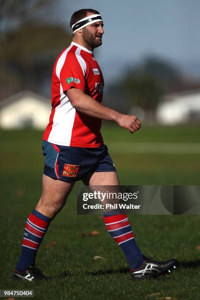 Tim Perry of Tasman warms up during the Mitre 10 Cup trial match between Counties Manukau and Tasman at Mountford Park on June 27, 2018 in Auckland,...