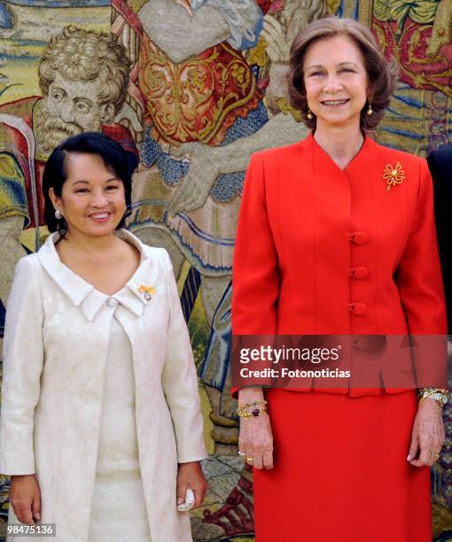 President of Philippines Gloria Macapagal Arroyo and Queen Sofia of Spain pose for photographers during 'Don Quijote De La Mancha' International...