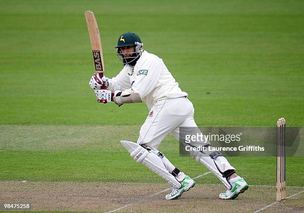 Hashim Amla of Nottinghamshire hits out to the boundary during the LV County Championship Match between Nottinghamshire and Kent at Trent Bridge on...