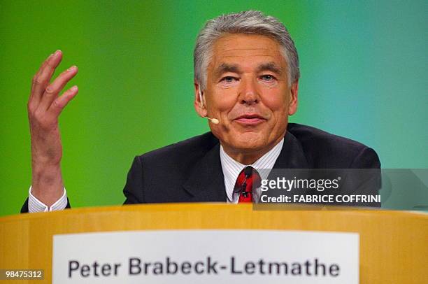Peter Brabeck-Letmathe, Chairman of the Board of Directors of Swiss food giant Nestle gestures as he delivers a speech at the opening of the annual...