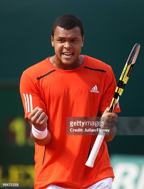 Jo-Wilfried Tsonga of France celebrates winning a point during day four of the ATP Masters Series at the Monte Carlo Country Club on April 15, 2010...