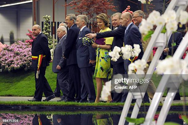 Belgium's Crown Prince Philippe, who celebrated his 50th birthday today, and Belgium's Princess Mathilde visit the Floralies garden in Ghent, western...